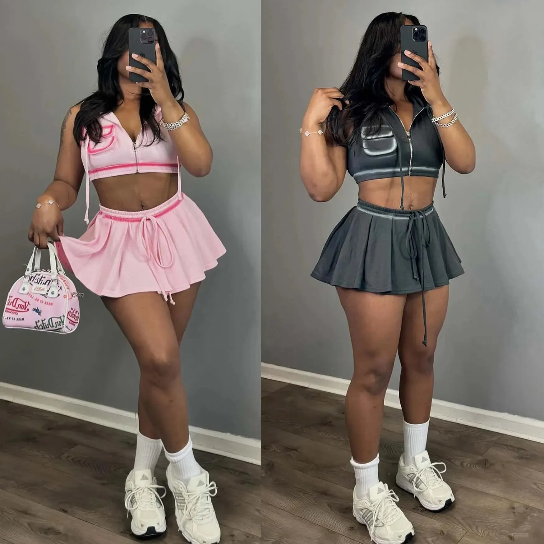 Bonnyshow Summer Hoodie Tops 2 Piece Skirt Set Women Y2K Streetwear Sexy Crop Tops Jackets Pleated Cute Dress Two Piece Set Skirts Outfits