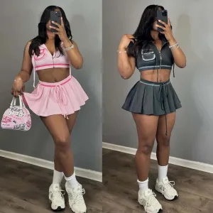 Bonnyshow Summer Hoodie Tops 2 Piece Skirt Set Women Y2K Streetwear Sexy Crop Tops Jackets Pleated Cute Dress Two Piece Set Skirts Outfits