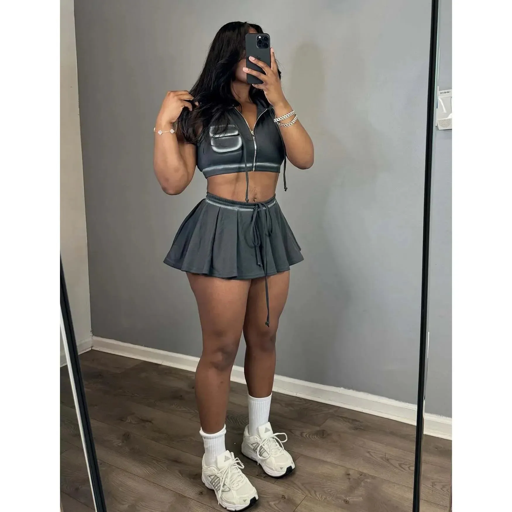 Bonnyshow Summer Hoodie Tops 2 Piece Skirt Set Women Y2K Streetwear Sexy Crop Tops Jackets Pleated Cute Dress Two Piece Set Skirts Outfits