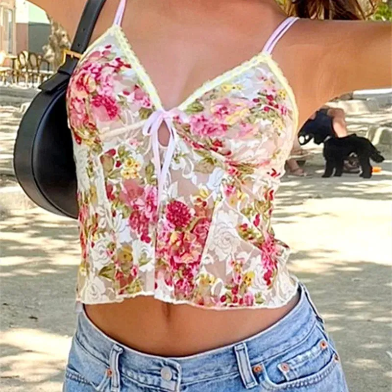 Bonnyshow Women Y2K Fairycore Flower Camisole Tops Sexy  Lace Trim Spaghetti Strap V Neck Crop Top Girl Tank Tops Summer Vest