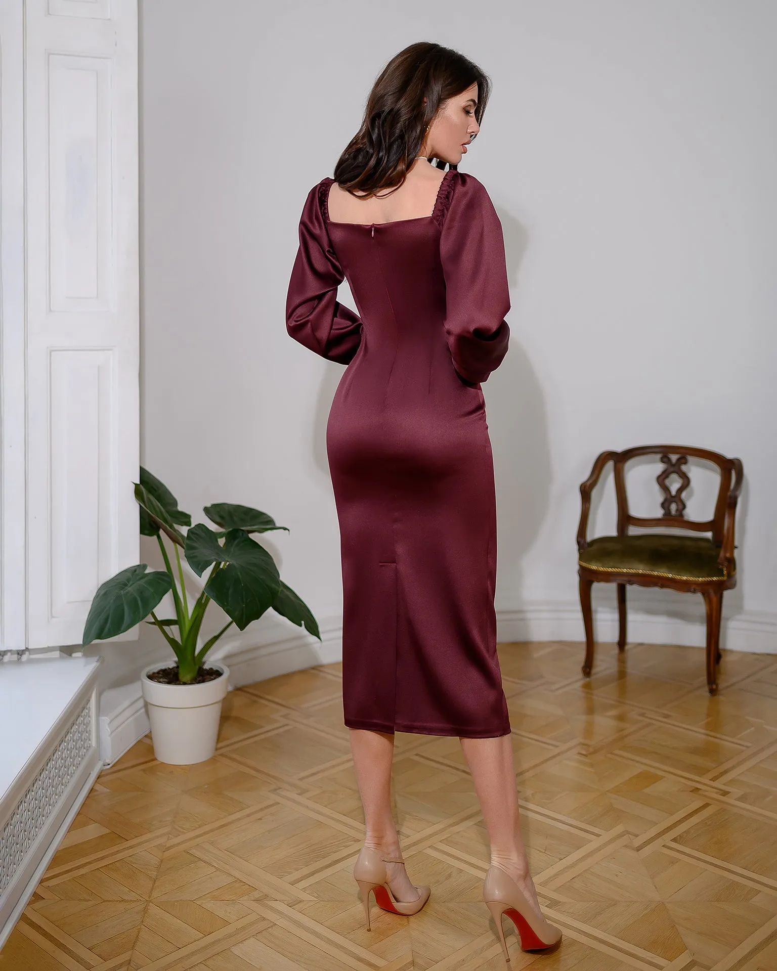 Bordeaux Satin Puff-Sleeve Midi Dress