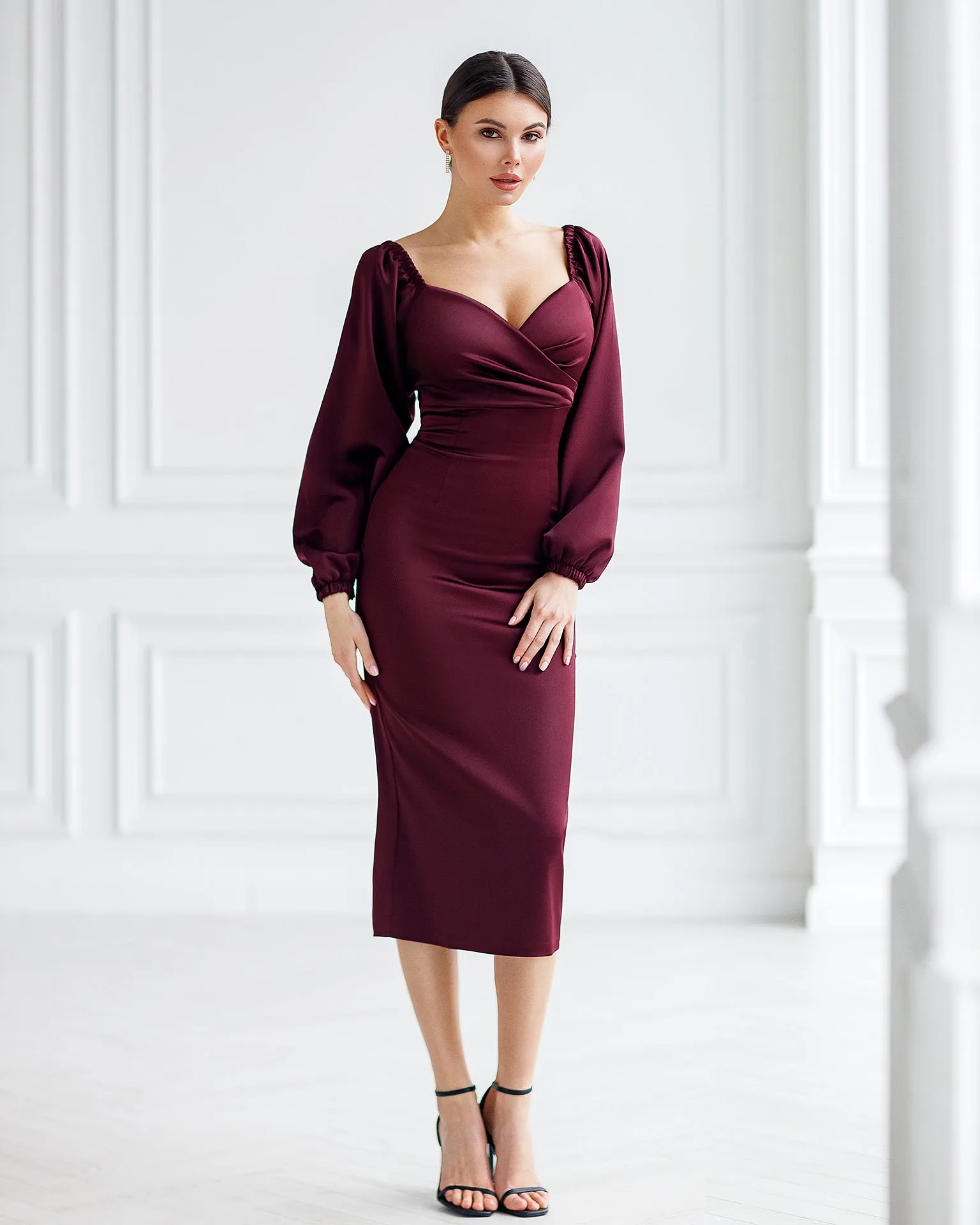 Bordeaux Satin Puff-Sleeve Midi Dress