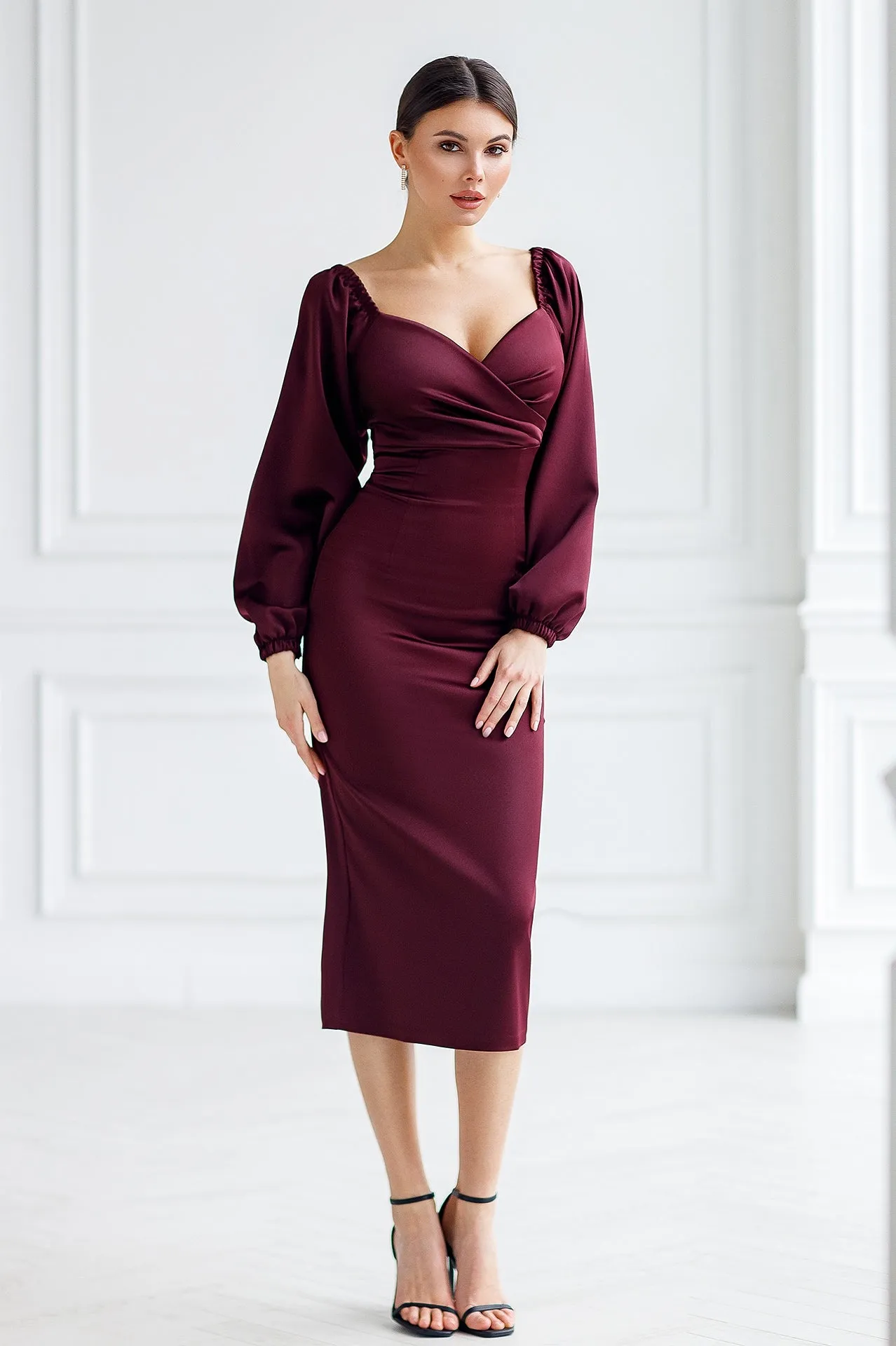 Bordeaux Satin Puff-Sleeve Midi Dress