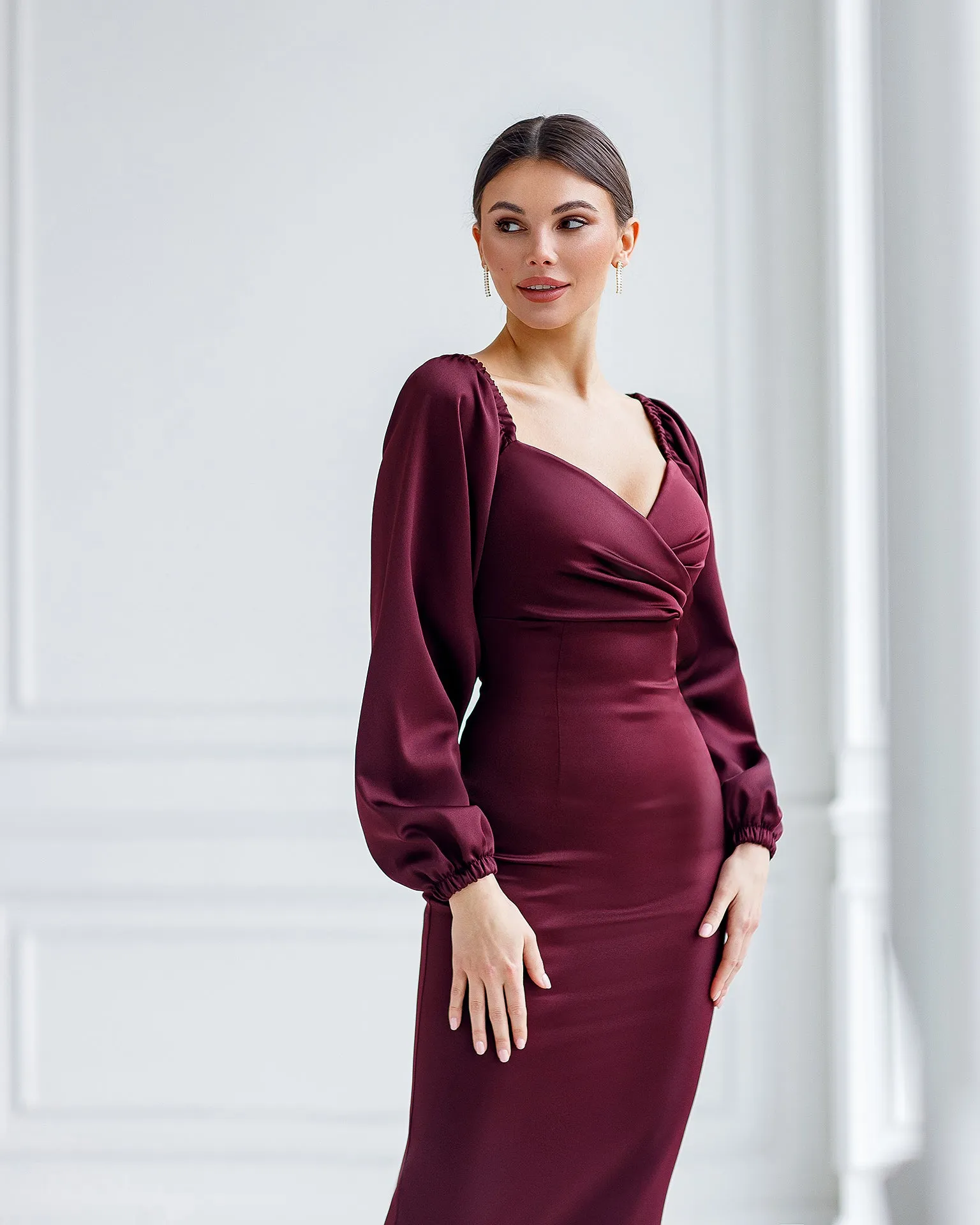 Bordeaux Satin Puff-Sleeve Midi Dress