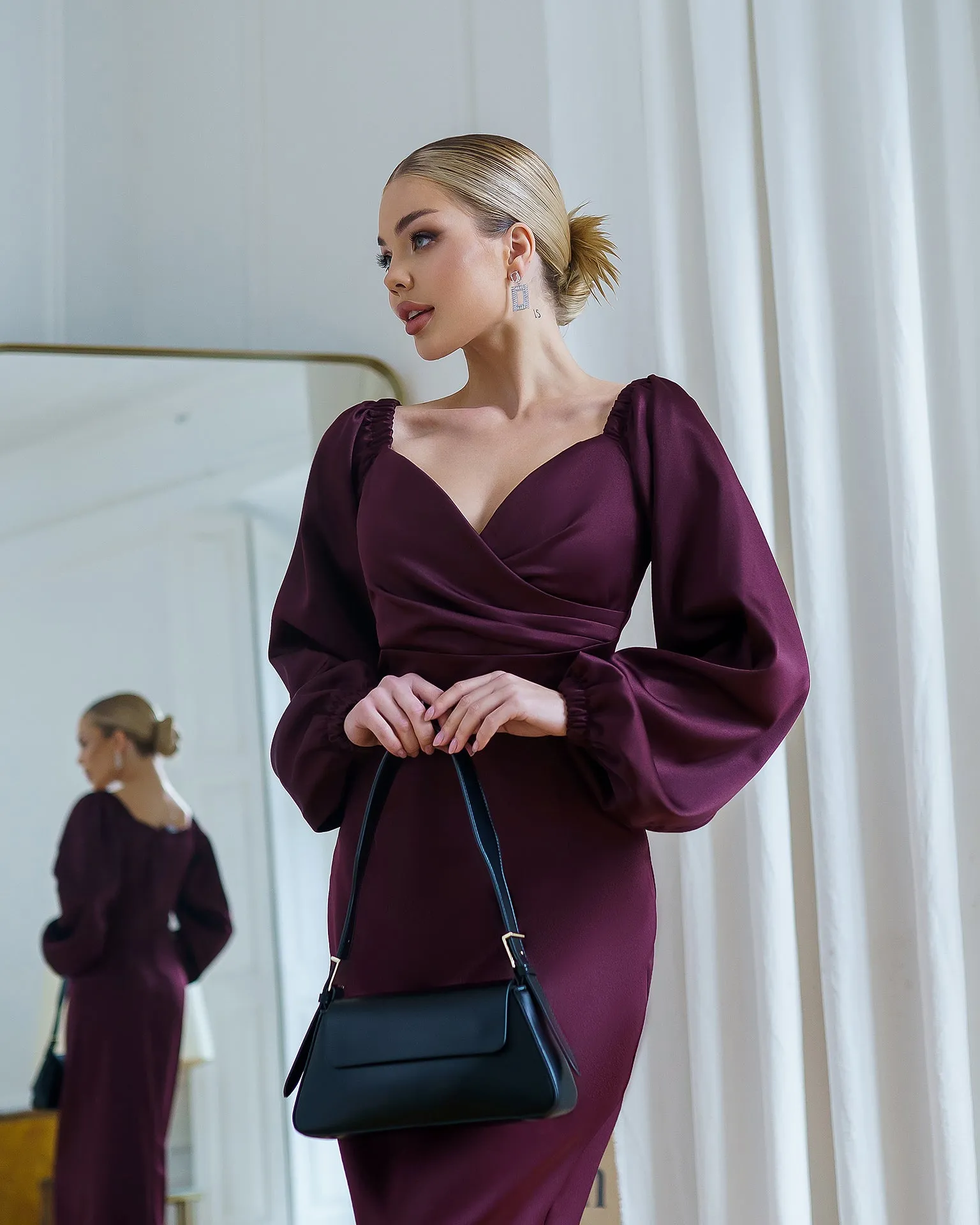 Bordeaux Satin Puff-Sleeve Midi Dress