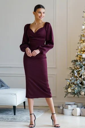 Bordeaux Satin Puff-Sleeve Midi Dress