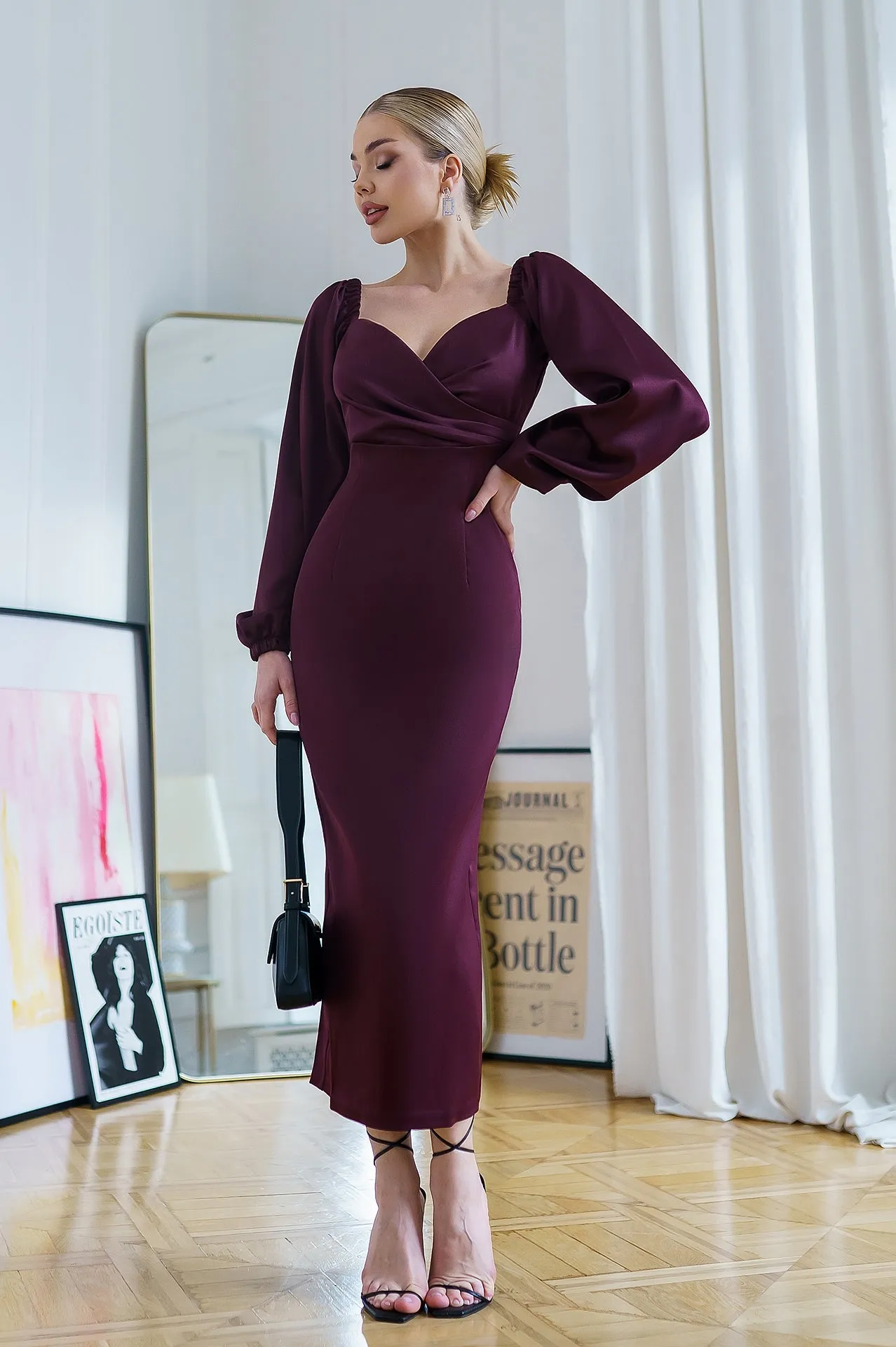 Bordeaux Satin Puff-Sleeve Midi Dress
