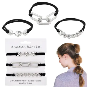Bracelet Hair Ties Black Hair Tie Bracelets For Women 3 PCS Hair Ties For Thick Hair With Gold Silvery and Beige Elastic Looks Cute On Your Wrist And Great In Your Hair