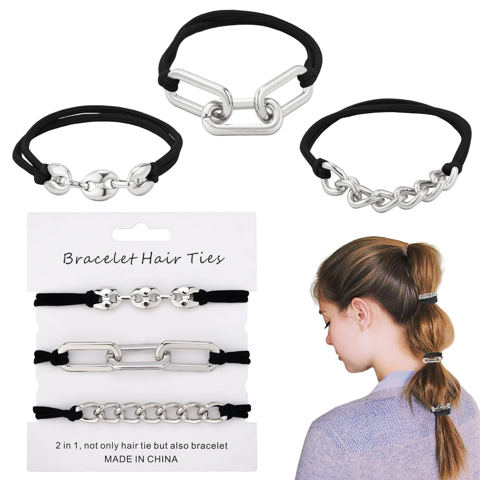 Bracelet Hair Ties Black Hair Tie Bracelets For Women 3 PCS Hair Ties For Thick Hair With Gold Silvery and Beige Elastic Looks Cute On Your Wrist And Great In Your Hair