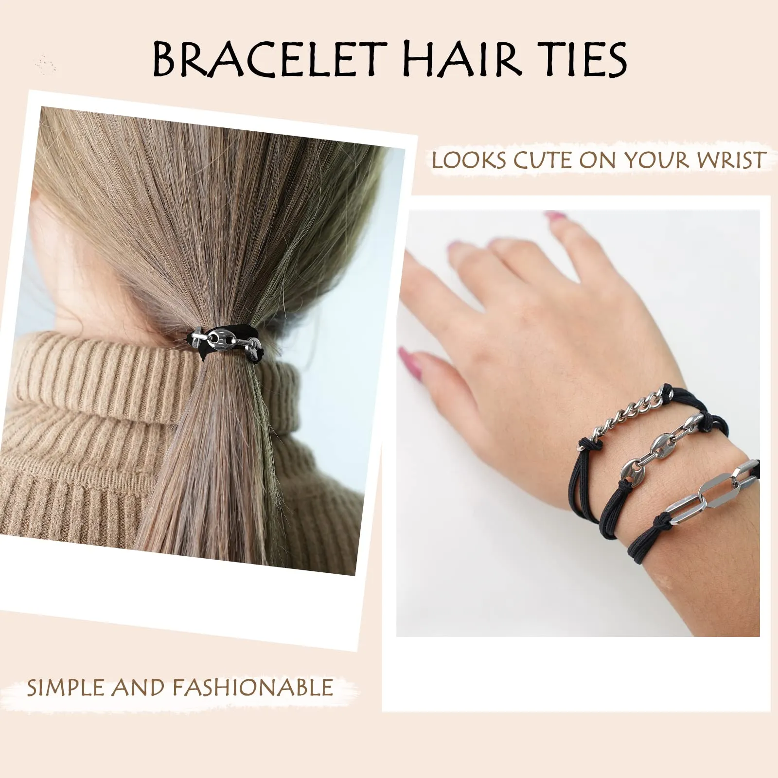 Bracelet Hair Ties Black Hair Tie Bracelets For Women 3 PCS Hair Ties For Thick Hair With Gold Silvery and Beige Elastic Looks Cute On Your Wrist And Great In Your Hair