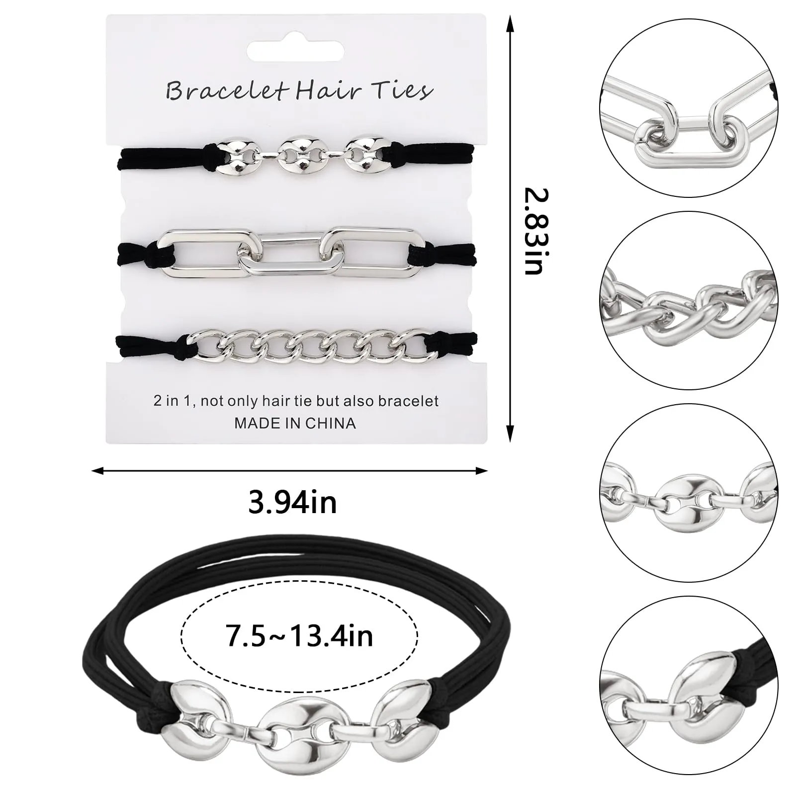 Bracelet Hair Ties Black Hair Tie Bracelets For Women 3 PCS Hair Ties For Thick Hair With Gold Silvery and Beige Elastic Looks Cute On Your Wrist And Great In Your Hair