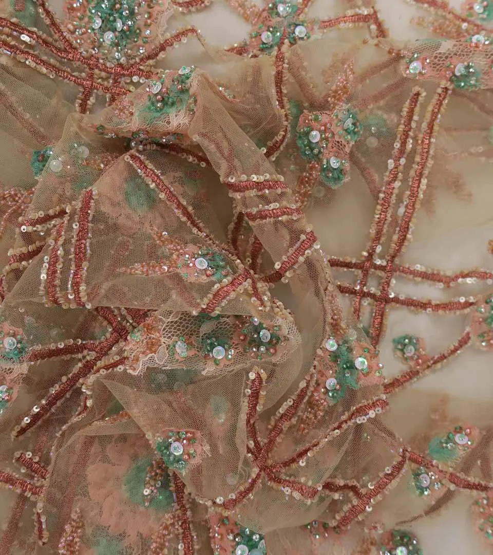 Bronze and Orange Abstract Embroidered Tulle Fabric