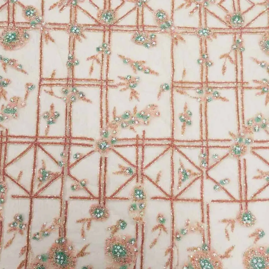 Bronze and Orange Abstract Embroidered Tulle Fabric