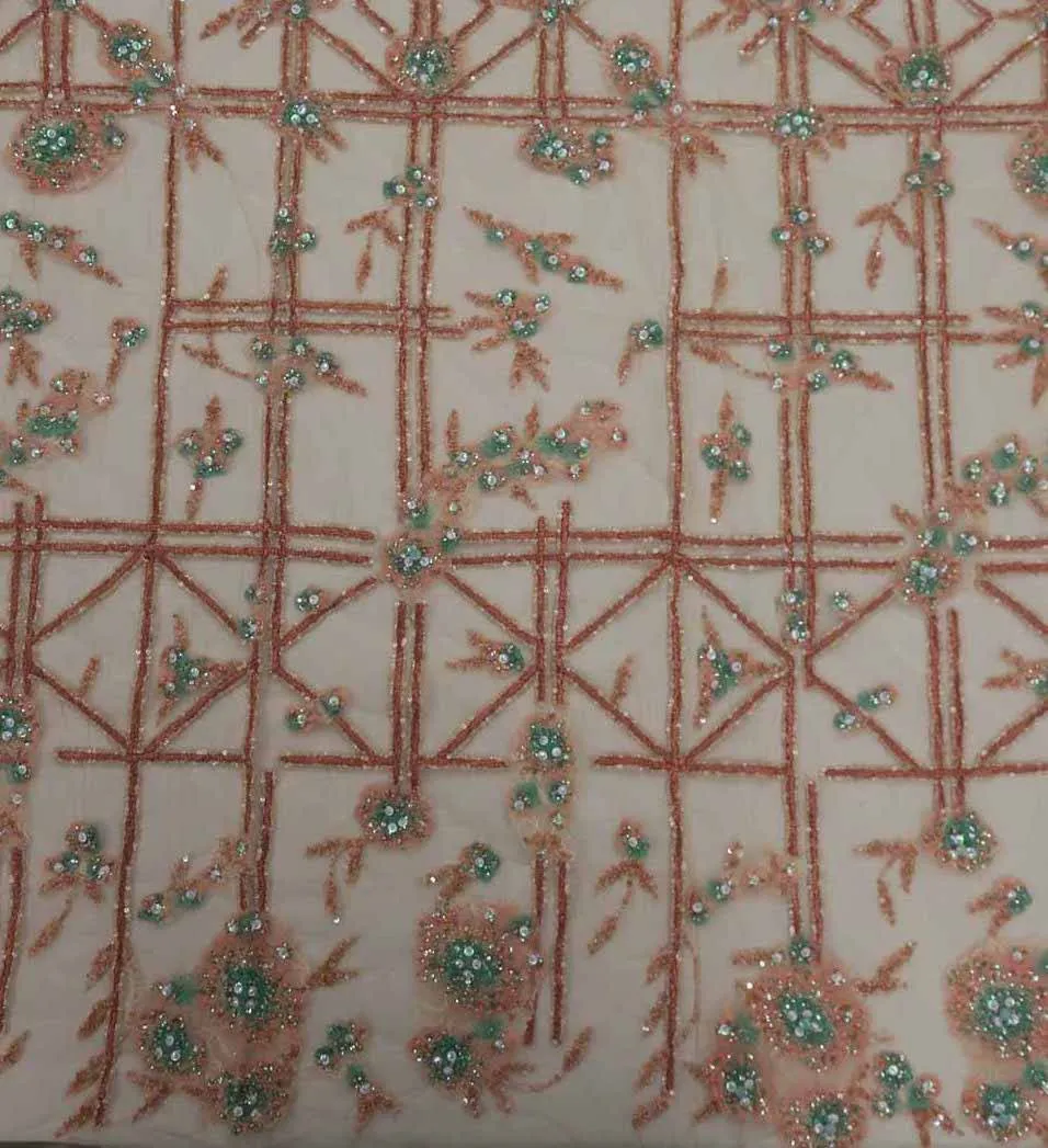 Bronze and Orange Abstract Embroidered Tulle Fabric