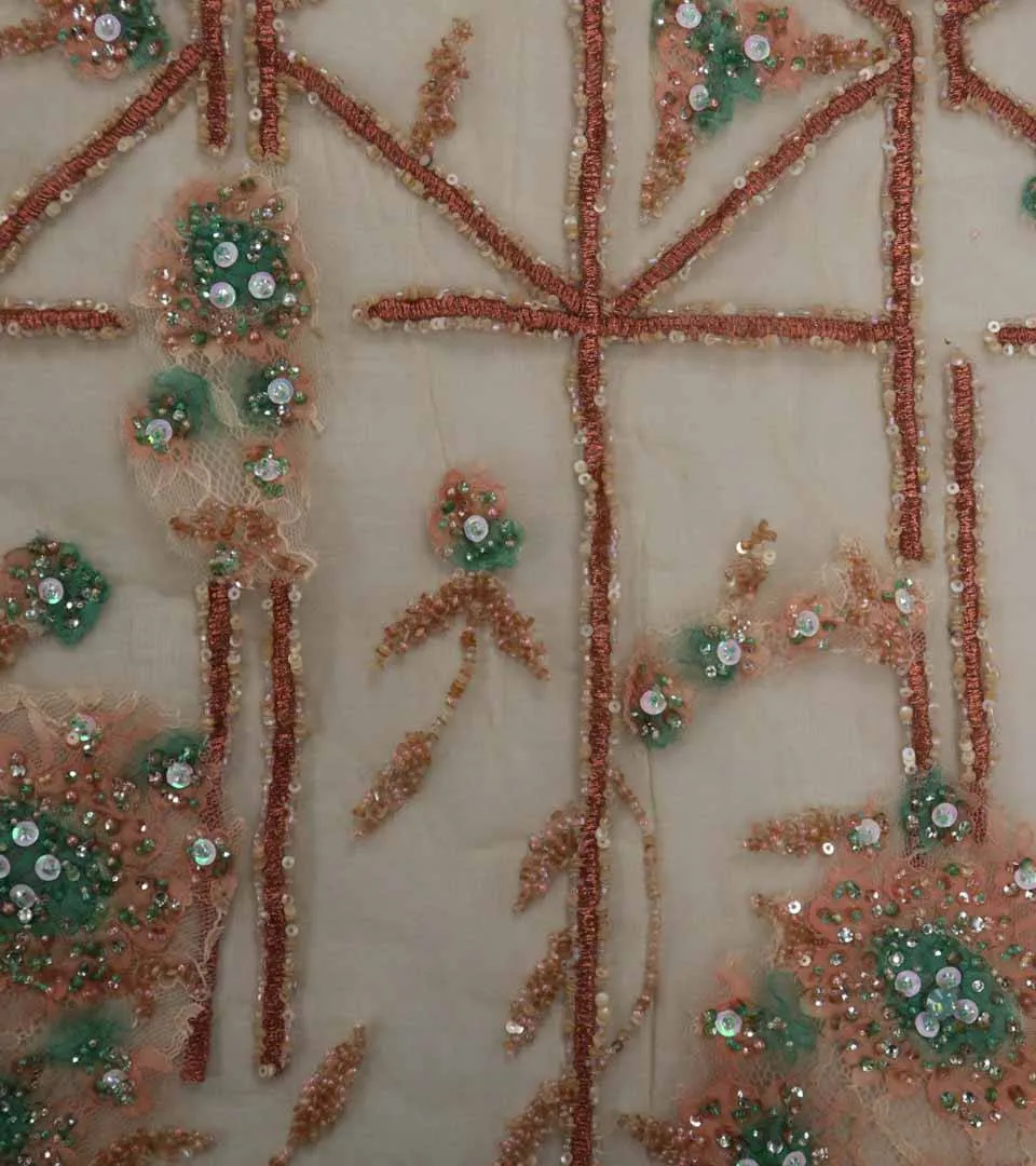Bronze and Orange Abstract Embroidered Tulle Fabric