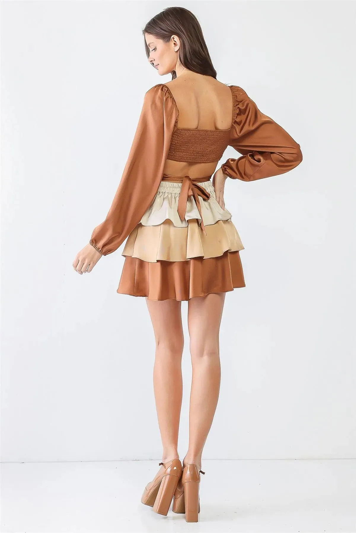 Brown Satin Smocked Puff Balloon Long Sleeve Criss-Cross Self-Tie Crop Top & Tired Ruffle Flare Hem Skirt Set /1-2-2-1