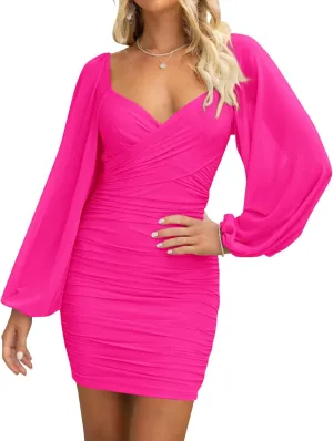 BTFBM 2025 Womens Summer Spring Bodycon Dress Cross V Neck Ruched Mesh Long Sleeve Party Short Formal Cocktail Dresses
