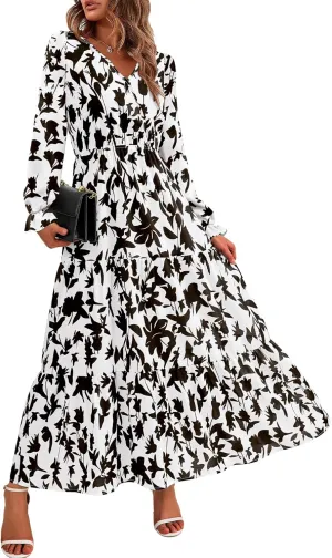 BTFBM Women Spring Dresses 2025 Casual Long Sleeve V Neck Maxi Dresses Floral Boho Long Dress Wedding Guest Dress
