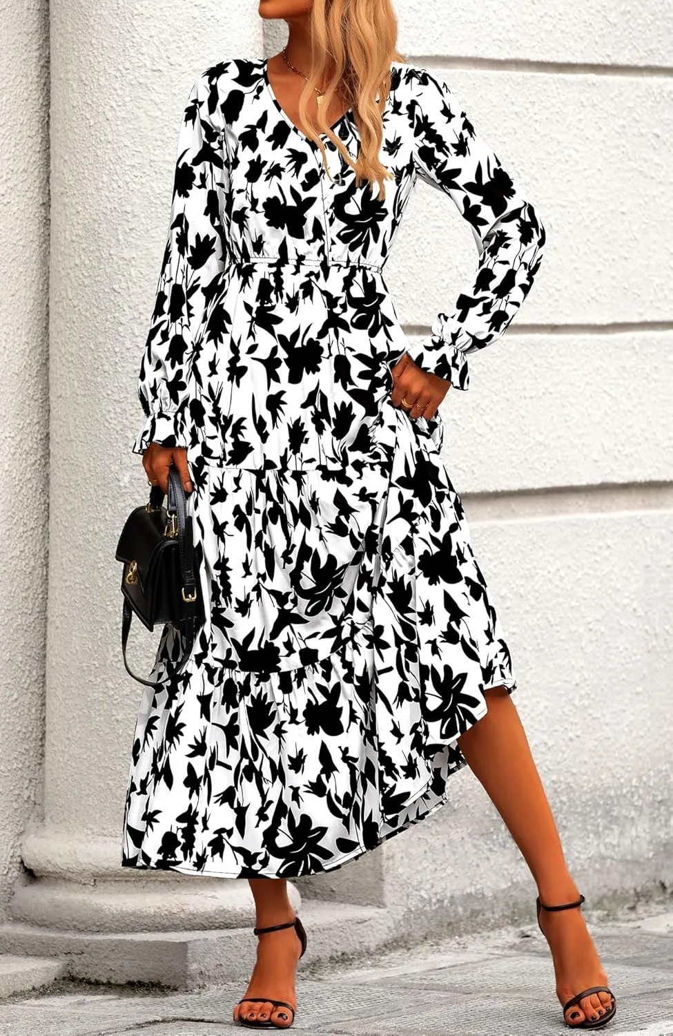 BTFBM Women Spring Dresses 2025 Casual Long Sleeve V Neck Maxi Dresses Floral Boho Long Dress Wedding Guest Dress