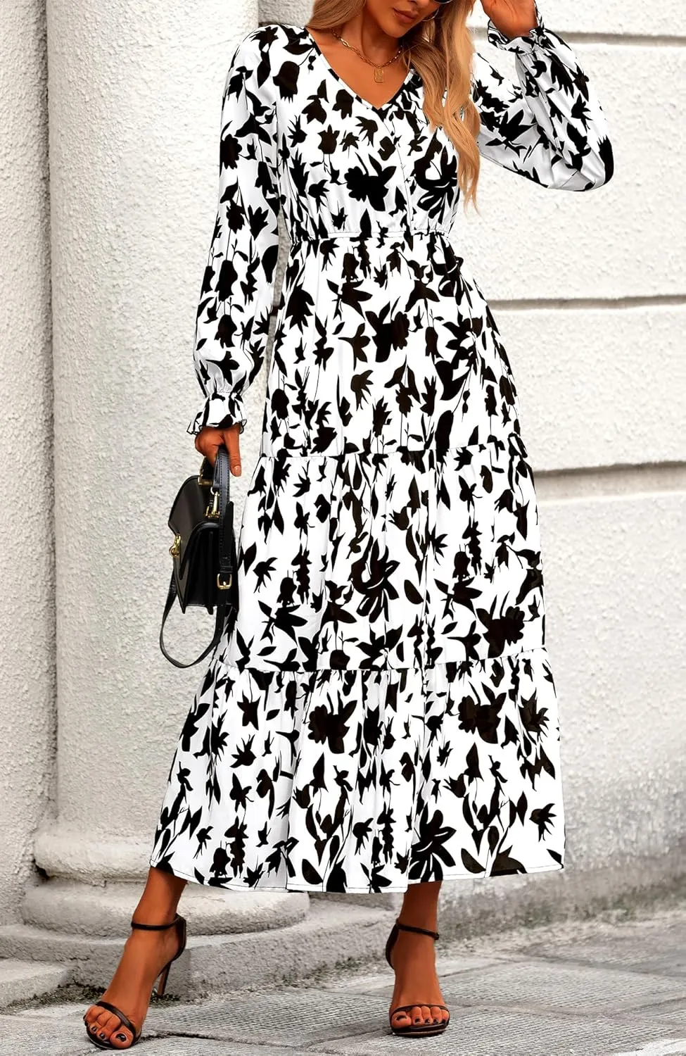 BTFBM Women Spring Dresses 2025 Casual Long Sleeve V Neck Maxi Dresses Floral Boho Long Dress Wedding Guest Dress