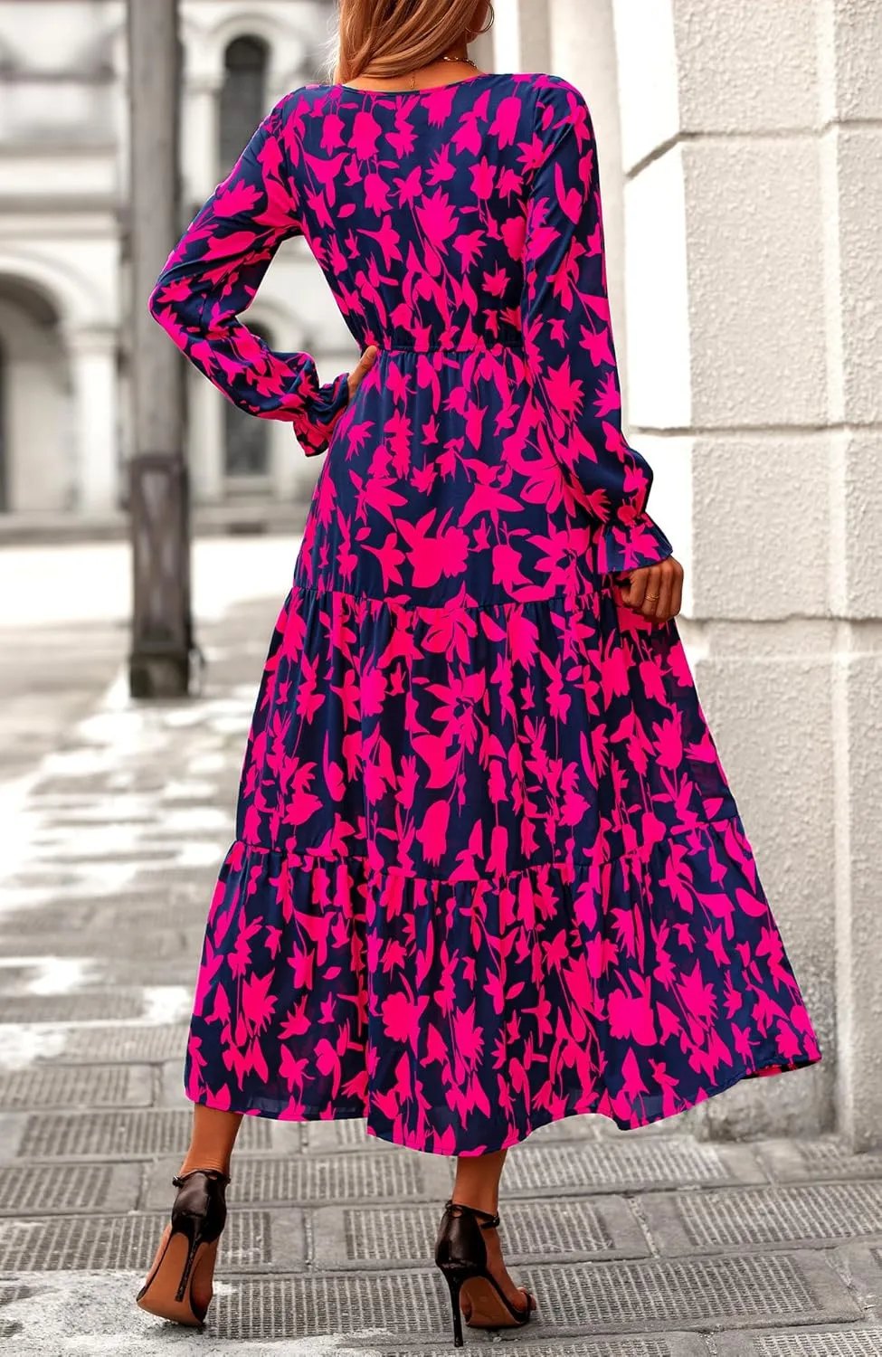 BTFBM Women Spring Dresses 2025 Casual Long Sleeve V Neck Maxi Dresses Floral Boho Long Dress Wedding Guest Dress