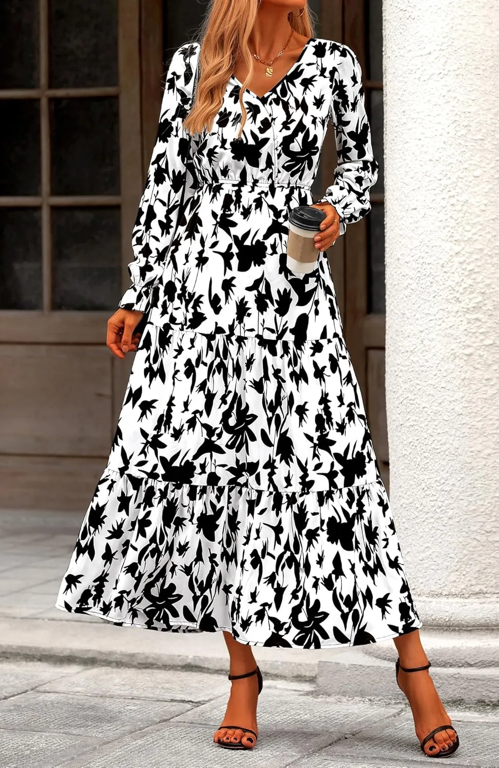 BTFBM Women Spring Dresses 2025 Casual Long Sleeve V Neck Maxi Dresses Floral Boho Long Dress Wedding Guest Dress