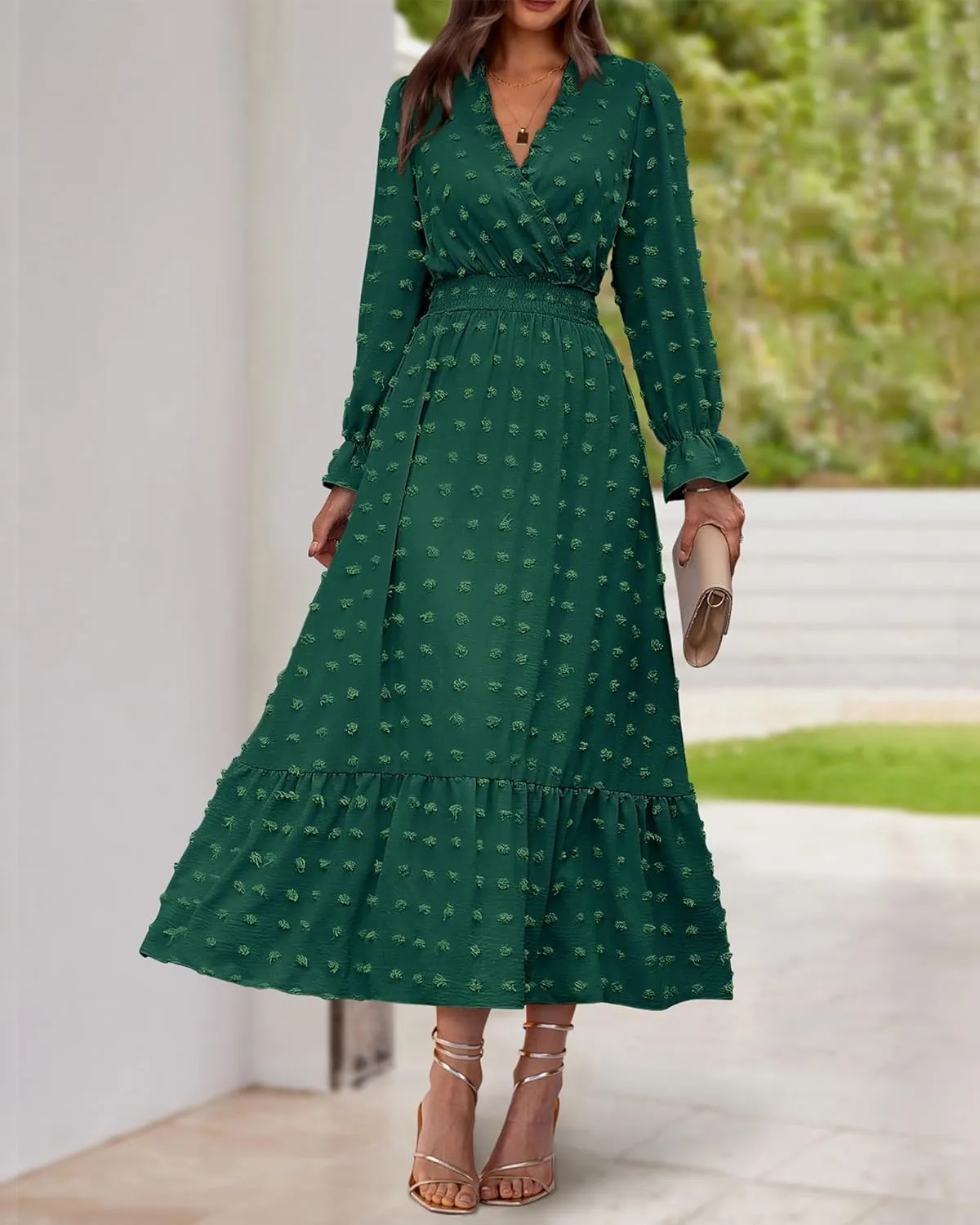 BTFBM Women Spring Dresses 2025 Long Sleeve V Neck Swiss Dots Maxi Dress Boho Long Dress High Waisted A-Line Ruffle Dress