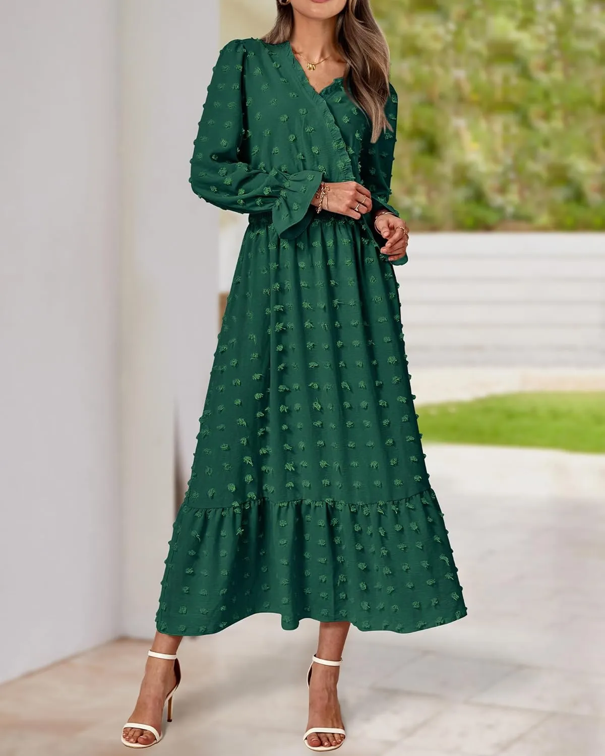BTFBM Women Spring Dresses 2025 Long Sleeve V Neck Swiss Dots Maxi Dress Boho Long Dress High Waisted A-Line Ruffle Dress