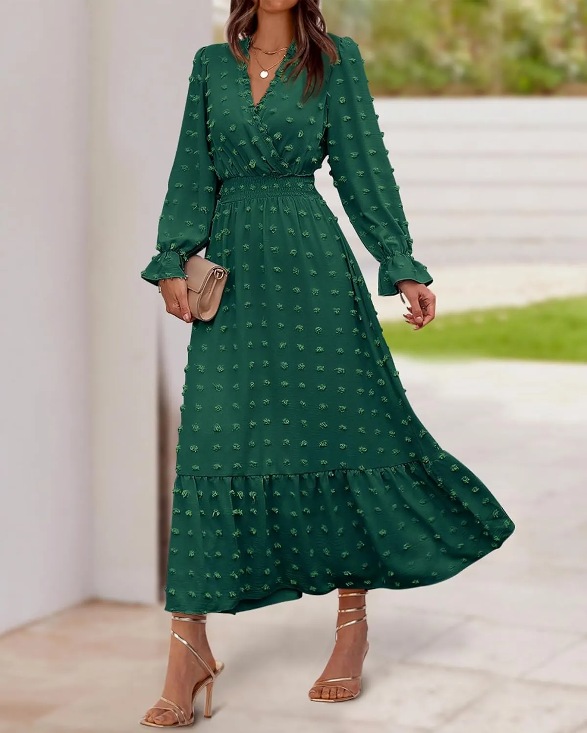 BTFBM Women Spring Dresses 2025 Long Sleeve V Neck Swiss Dots Maxi Dress Boho Long Dress High Waisted A-Line Ruffle Dress
