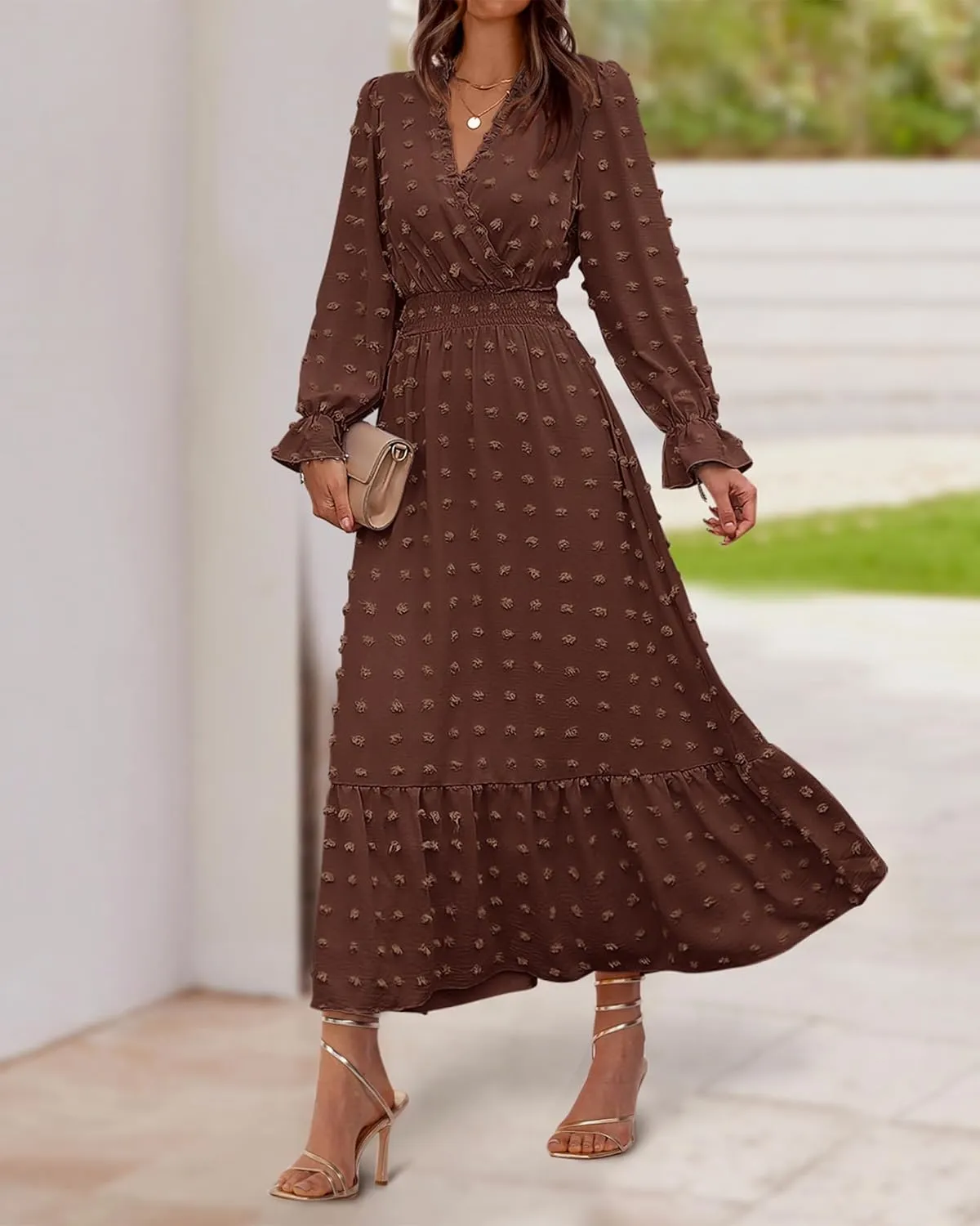 BTFBM Women Spring Dresses 2025 Long Sleeve V Neck Swiss Dots Maxi Dress Boho Long Dress High Waisted A-Line Ruffle Dress