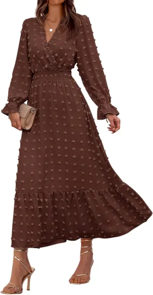 BTFBM Women Spring Dresses 2025 Long Sleeve V Neck Swiss Dots Maxi Dress Boho Long Dress High Waisted A-Line Ruffle Dress