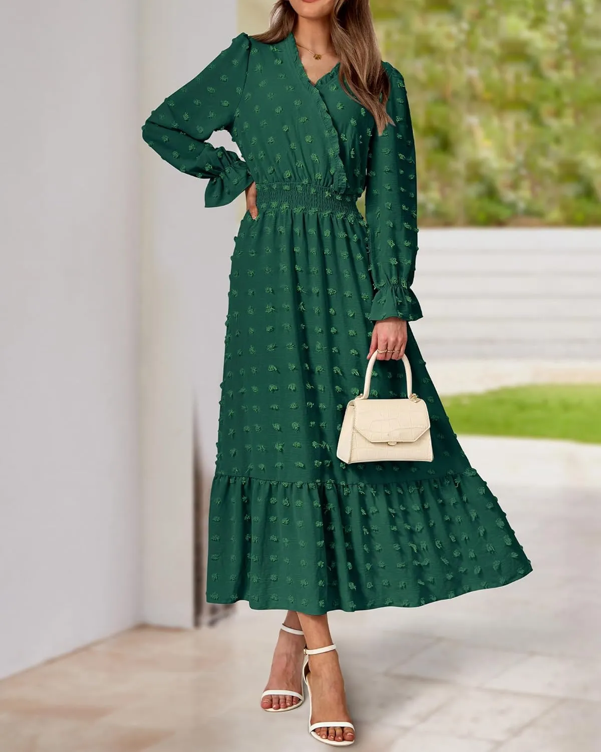 BTFBM Women Spring Dresses 2025 Long Sleeve V Neck Swiss Dots Maxi Dress Boho Long Dress High Waisted A-Line Ruffle Dress