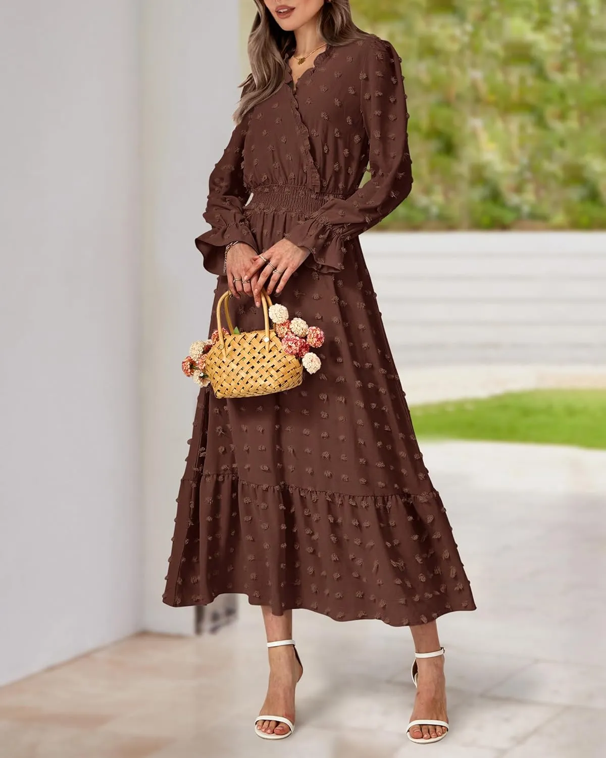 BTFBM Women Spring Dresses 2025 Long Sleeve V Neck Swiss Dots Maxi Dress Boho Long Dress High Waisted A-Line Ruffle Dress