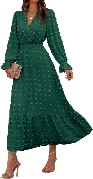 BTFBM Women Spring Dresses 2025 Long Sleeve V Neck Swiss Dots Maxi Dress Boho Long Dress High Waisted A-Line Ruffle Dress