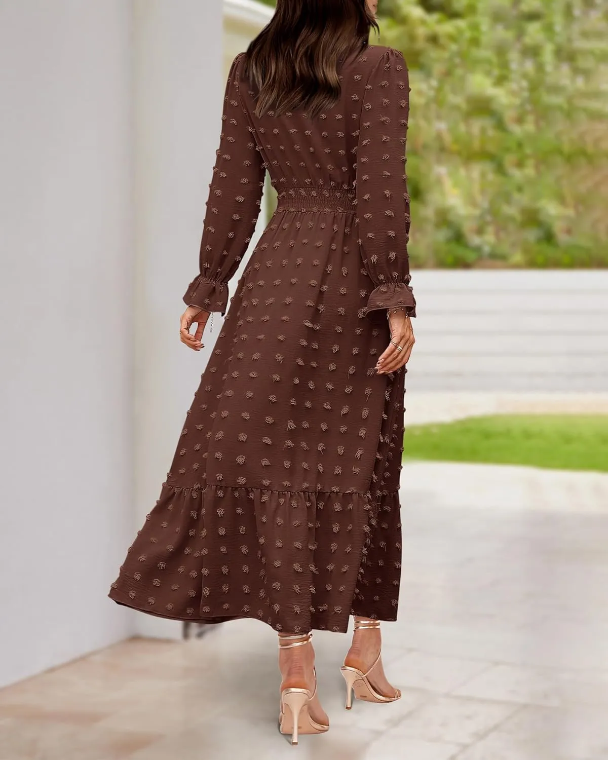 BTFBM Women Spring Dresses 2025 Long Sleeve V Neck Swiss Dots Maxi Dress Boho Long Dress High Waisted A-Line Ruffle Dress