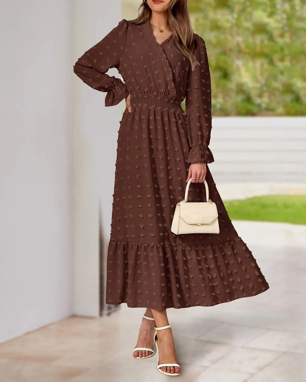 BTFBM Women Spring Dresses 2025 Long Sleeve V Neck Swiss Dots Maxi Dress Boho Long Dress High Waisted A-Line Ruffle Dress