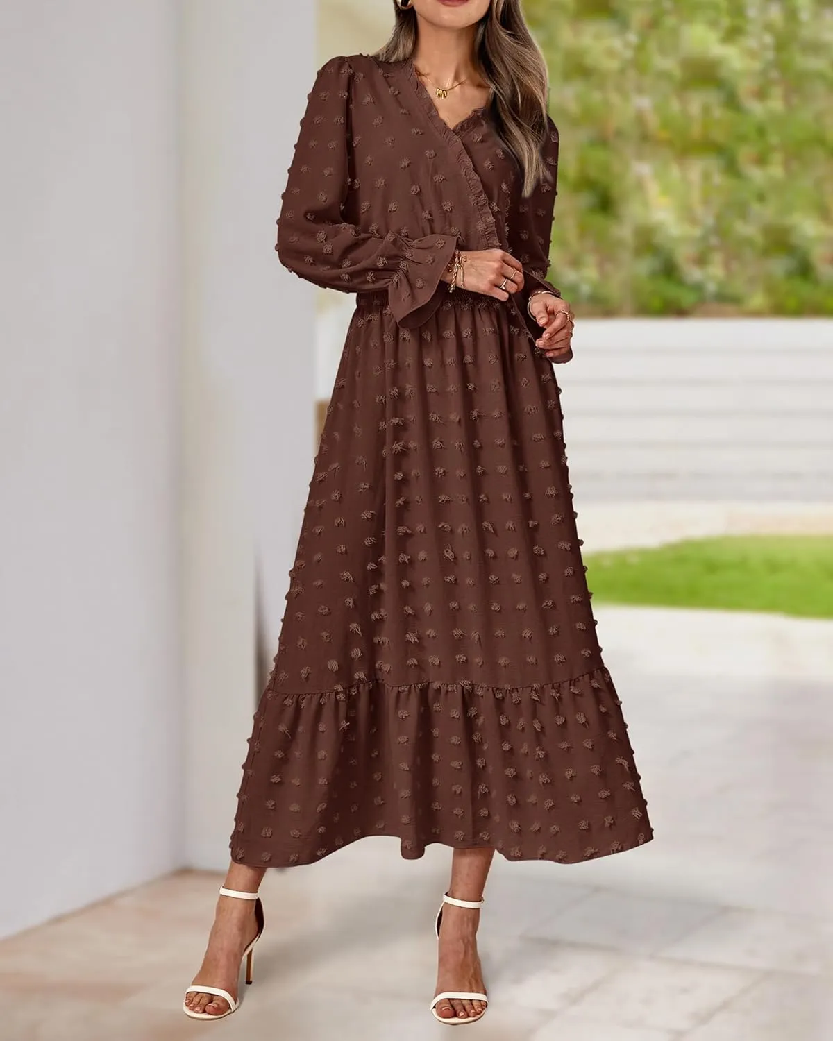 BTFBM Women Spring Dresses 2025 Long Sleeve V Neck Swiss Dots Maxi Dress Boho Long Dress High Waisted A-Line Ruffle Dress