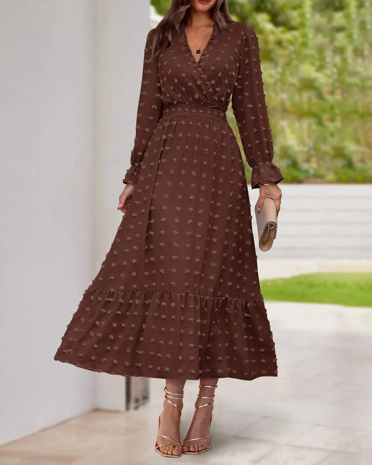 BTFBM Women Spring Dresses 2025 Long Sleeve V Neck Swiss Dots Maxi Dress Boho Long Dress High Waisted A-Line Ruffle Dress