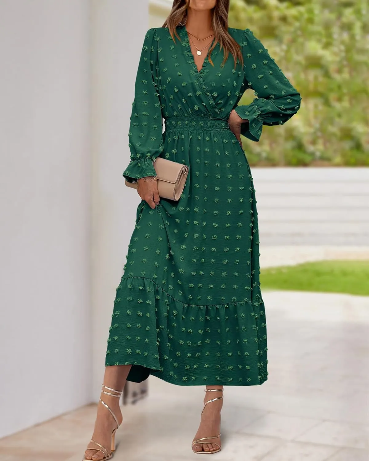 BTFBM Women Spring Dresses 2025 Long Sleeve V Neck Swiss Dots Maxi Dress Boho Long Dress High Waisted A-Line Ruffle Dress