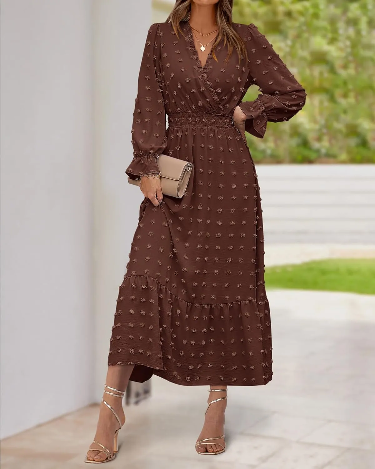 BTFBM Women Spring Dresses 2025 Long Sleeve V Neck Swiss Dots Maxi Dress Boho Long Dress High Waisted A-Line Ruffle Dress