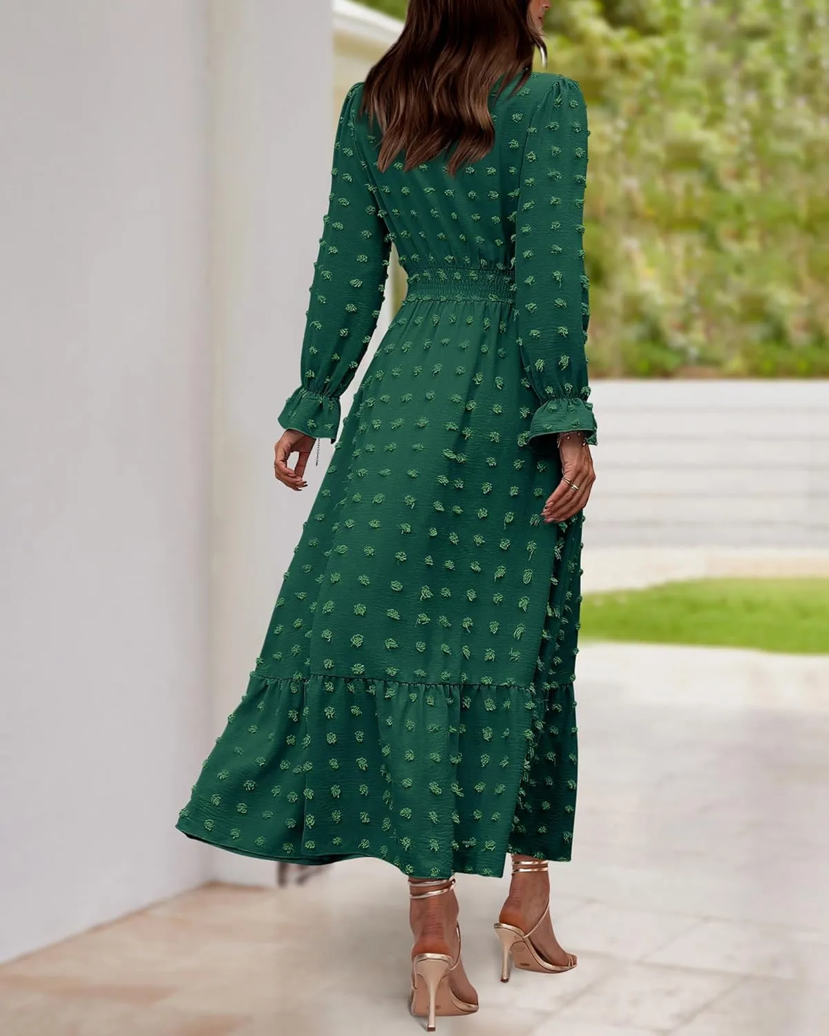 BTFBM Women Spring Dresses 2025 Long Sleeve V Neck Swiss Dots Maxi Dress Boho Long Dress High Waisted A-Line Ruffle Dress