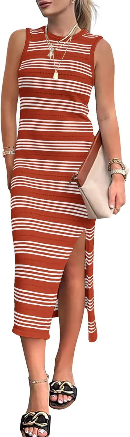 BTFBM Womens Sleeveless Summer Dresses 2025 Crew Neck Casual Sundress Hollow Out Side Slit Bodycon Knit Long Tank Dress