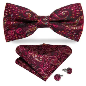 Burgundy Red & Gold Paisley Matching Bowtie Set (3pc)