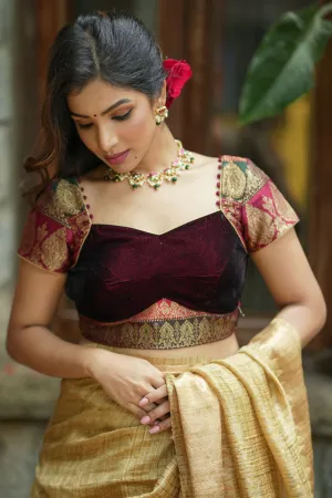 Burgundy velvet and banarasi brocade sweetheart neck blouse with potli button detailing