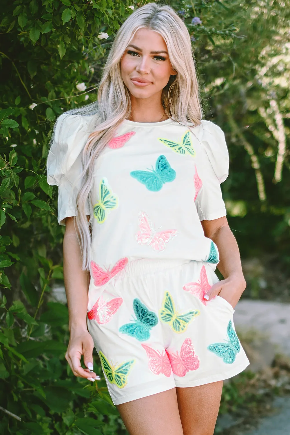 Butterfly Puff Sleeve Top Shorts Set