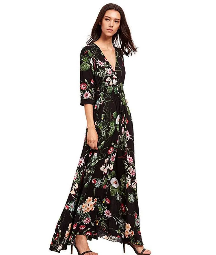Button Floral Beach Bohemian Maxi Dresses