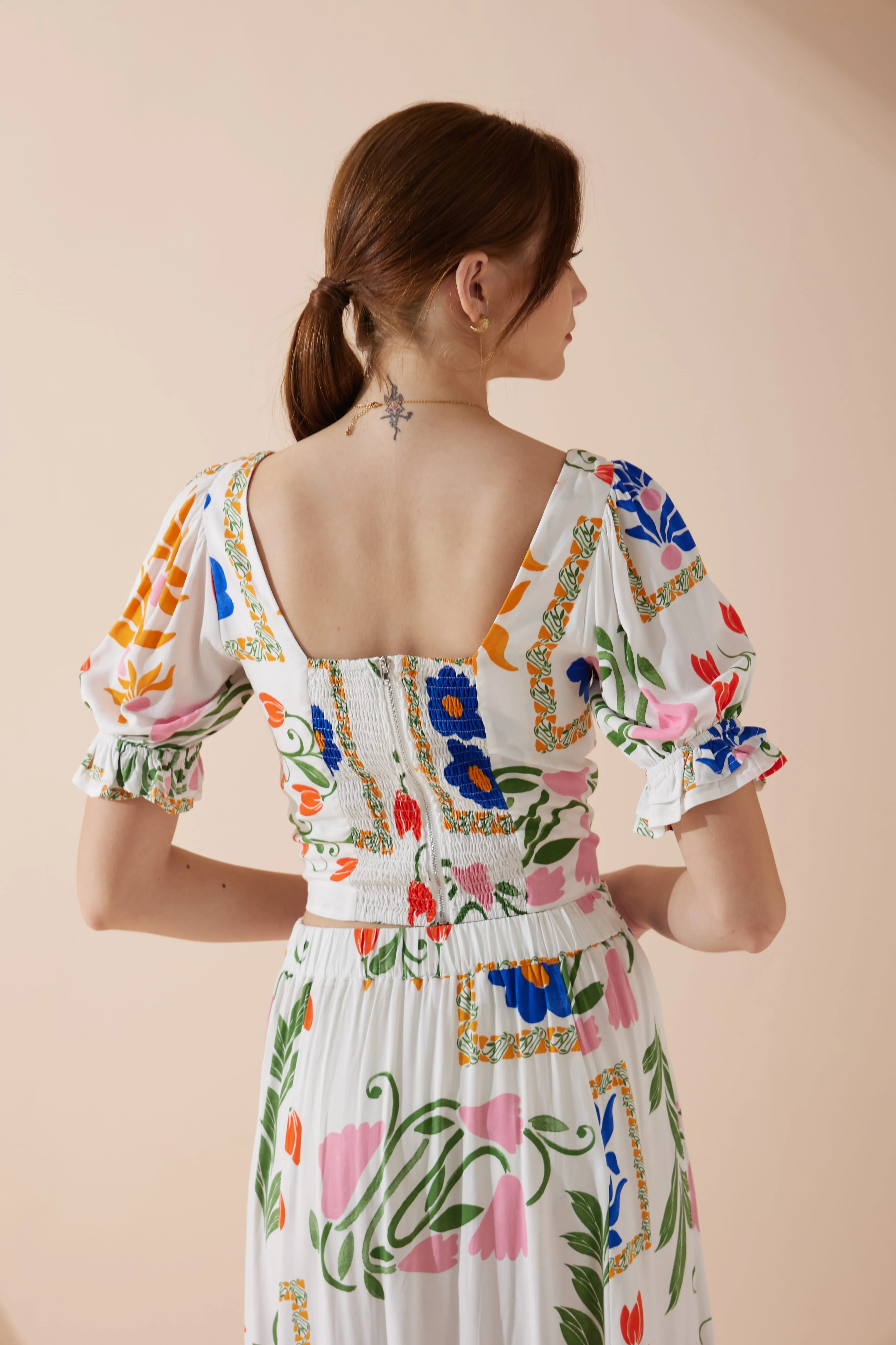 Calantha Multicolour Floral Puff Sleeve Crop Top
