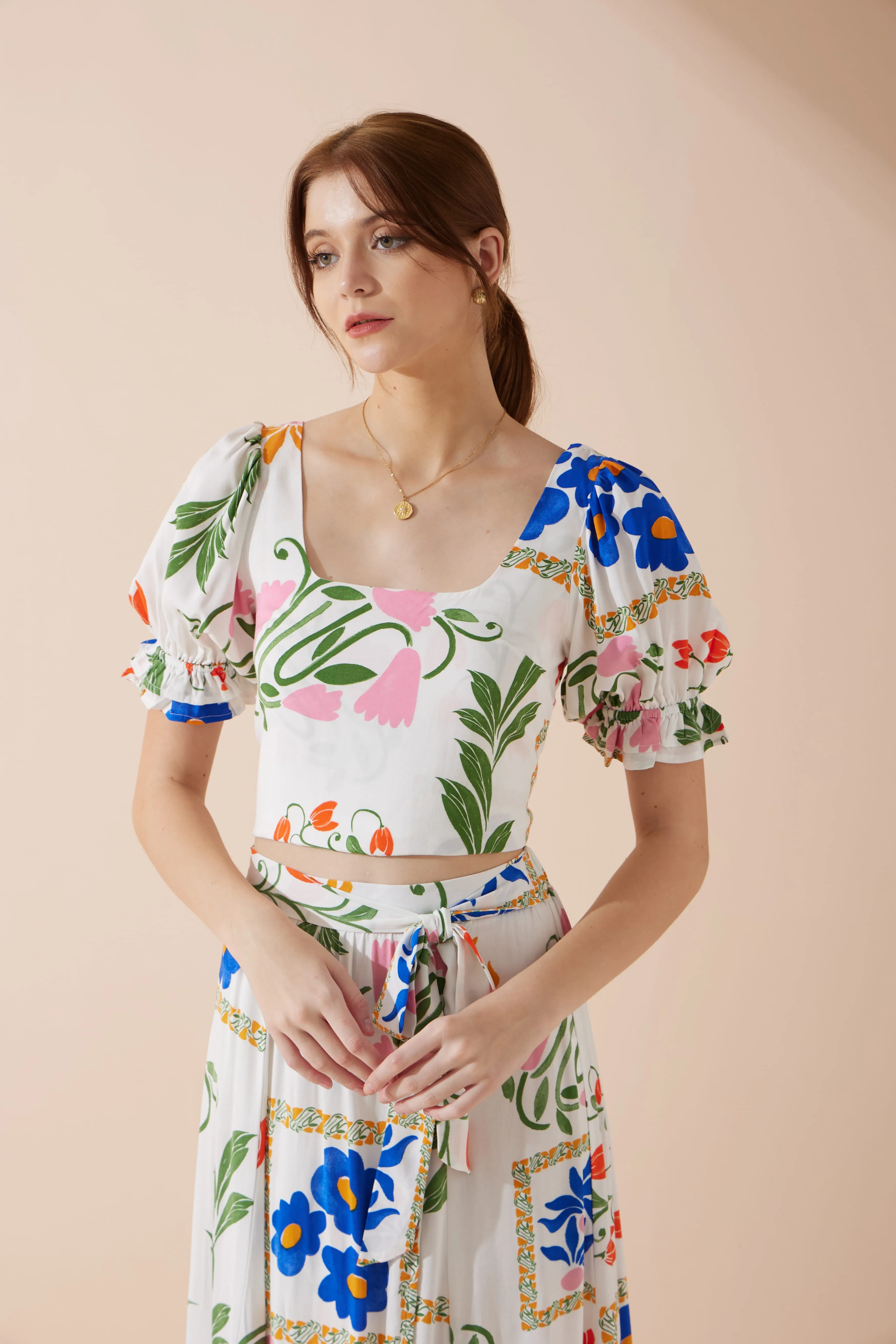 Calantha Multicolour Floral Puff Sleeve Crop Top