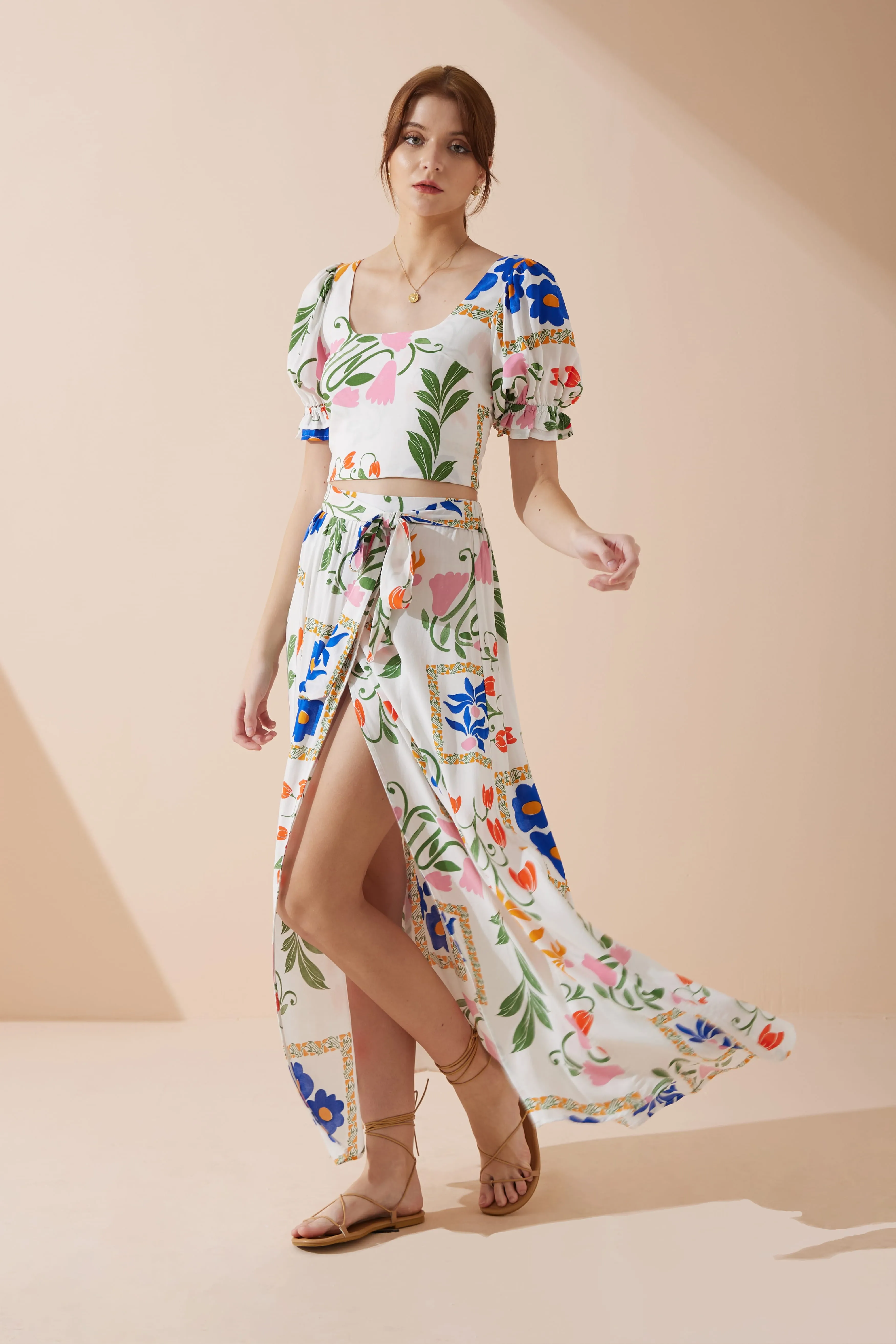 Calantha Multicolour Floral Puff Sleeve Crop Top