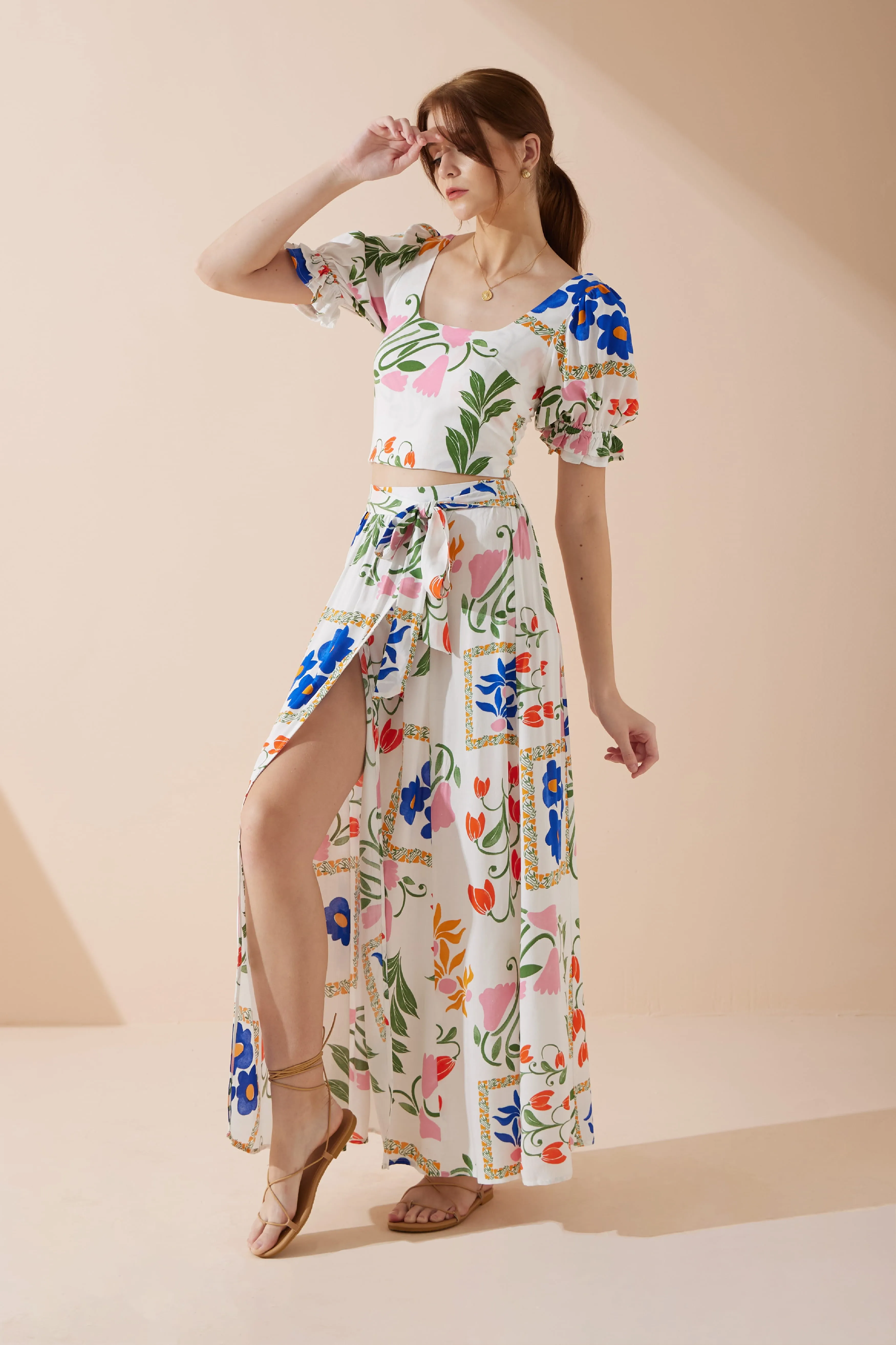 Calantha Multicolour Floral Puff Sleeve Crop Top
